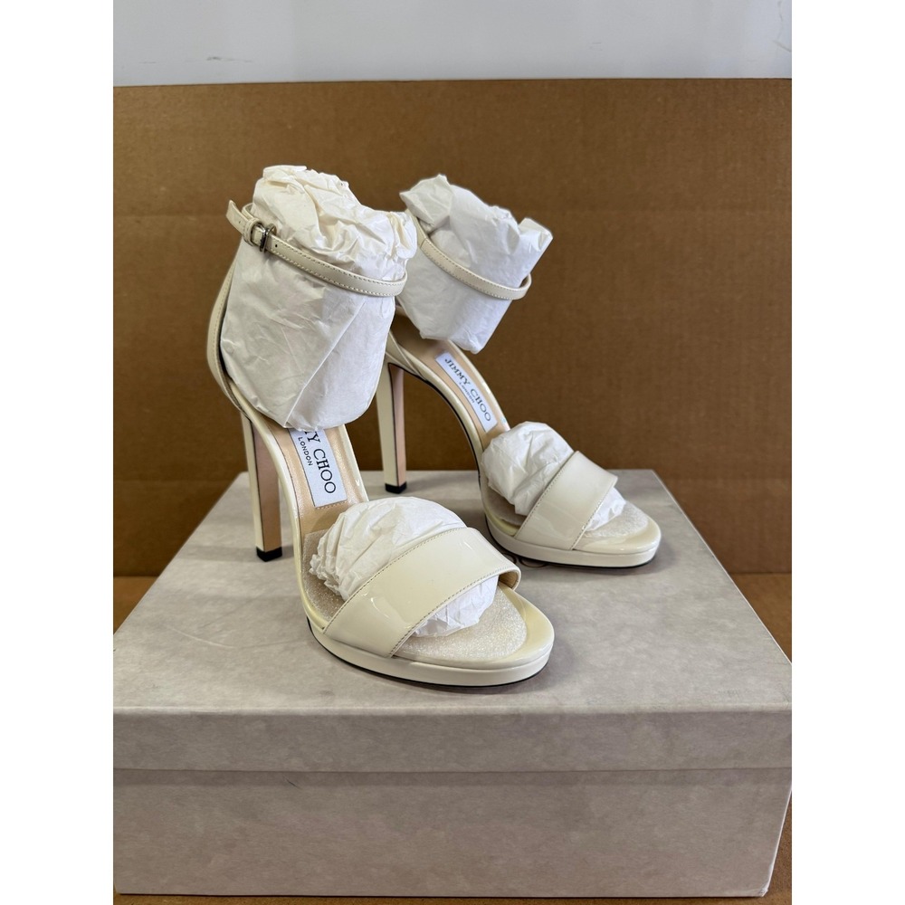 NWB Jimmy Choo Misty 120 Latte Patent Leather Platform Sandals Womens Size 37 EU